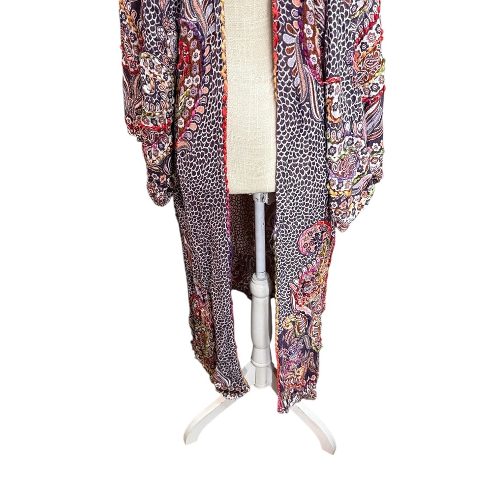 Raj Paisley Embroider Whimsy Womens OS Short Sleeve Duster Topper Cardigan Boho - Picture 4 of 14